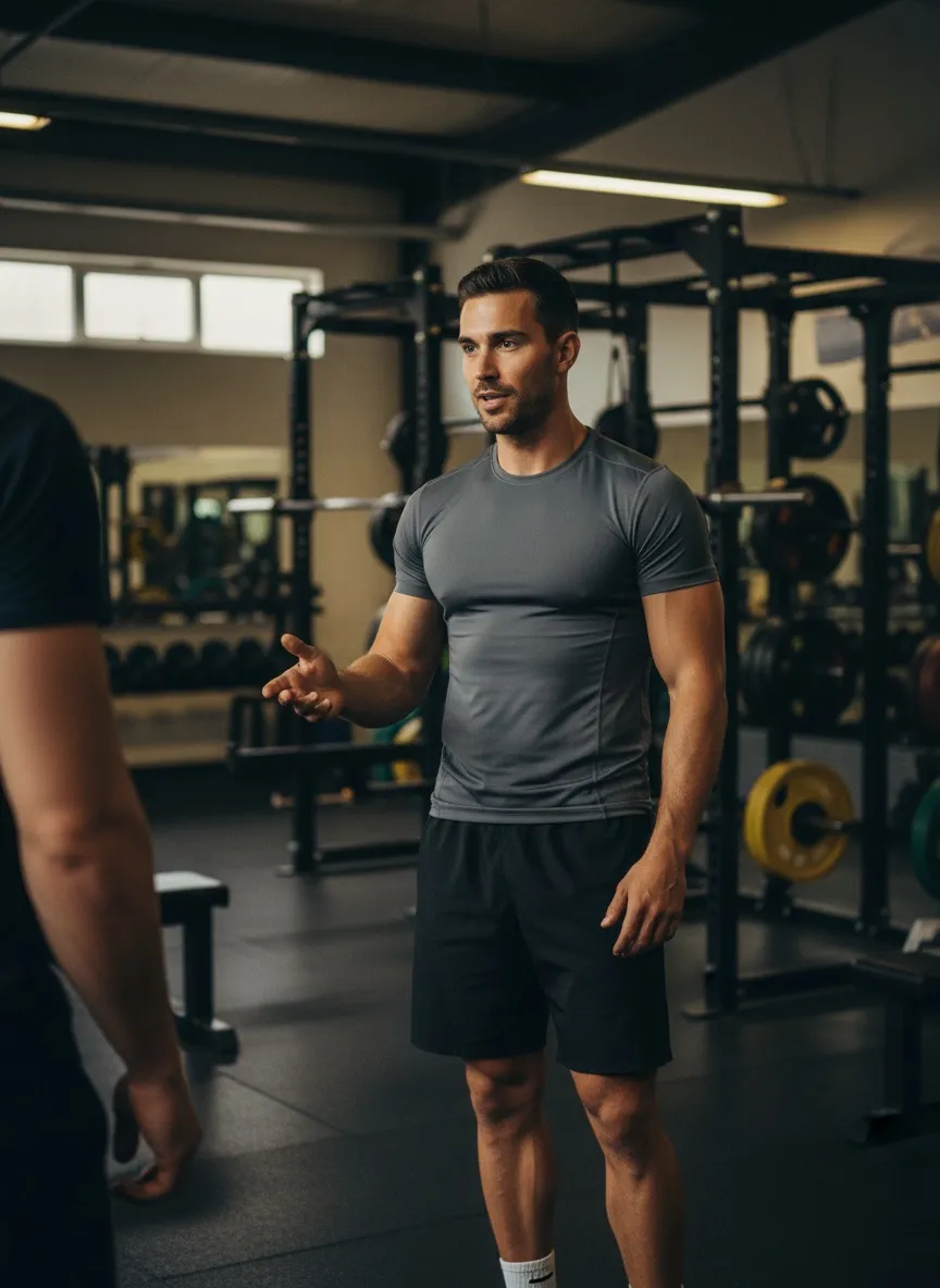 Elias coacht een klant in de trainingsruimte